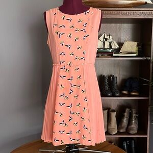 Peach Sleeveless Dress with Bird Print